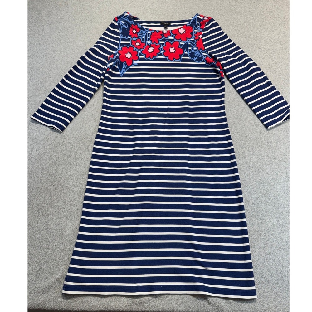 Talbots Sheath Dress Womens Medium Navy Blue Floral Striped 3/4 Sleeve Boatneck